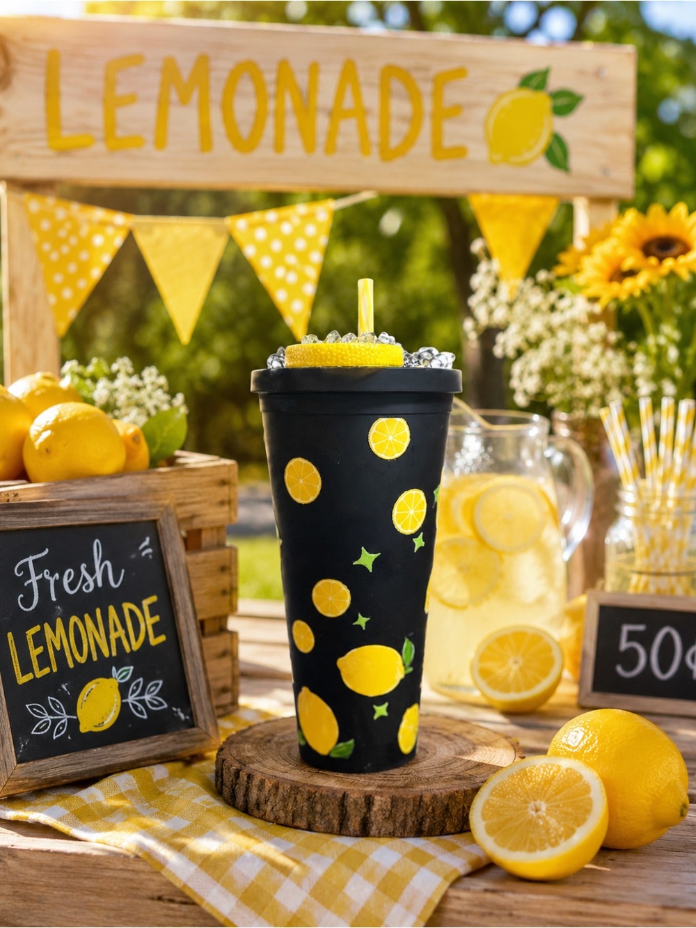 Black Lemon Print Insulated Tumbler - Lemonade Design